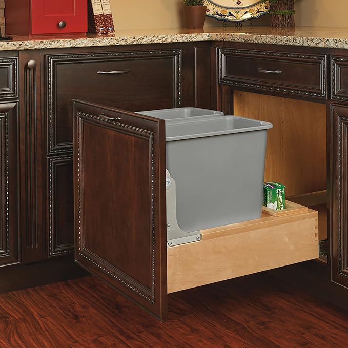 Rev-A-Shelf Double 30-Quart Pullout Under Cabinet Trash Cans with Soft Open & Close Slide System, Metallic Silver, Maple Wood Bottom 4WCBM-2430DM-2