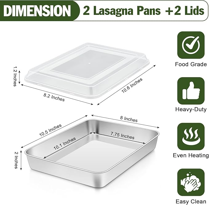TeamFar Rectangular Cake Pans with Lids, 10.5’’ x 8’’ x 2’’ Stainless Steel Lasagna Brownie Pan For Baking Roasting, Healthy & Solid, Brushed Surface & Dishwasher Safe, (2 Pans+2 Lids)