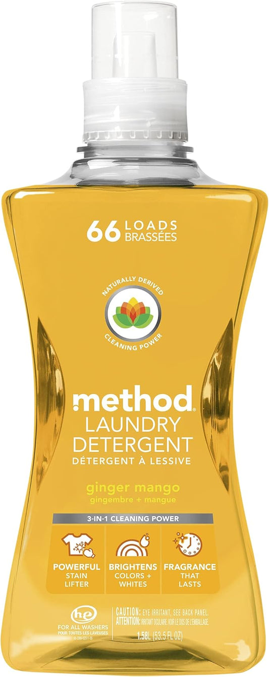 Method Liquid Laundry Detergent, Ginger Mango, 66 Loads Per Bottle, Hypoallergenic + Stain Remover, 53.5 Fl Oz (Pack of 1)