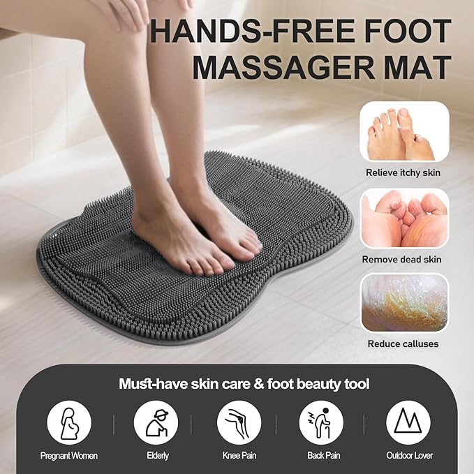 Shower Foot Scrubber Mat XL, Silicone Feet Toes Massage Cleaner -Upgraded Long Brush Pad Without Bending Non-Slip Suction Cups for Foot Bath Bathtub Exfoliate Smooth Skin 17.4x13 Grey
