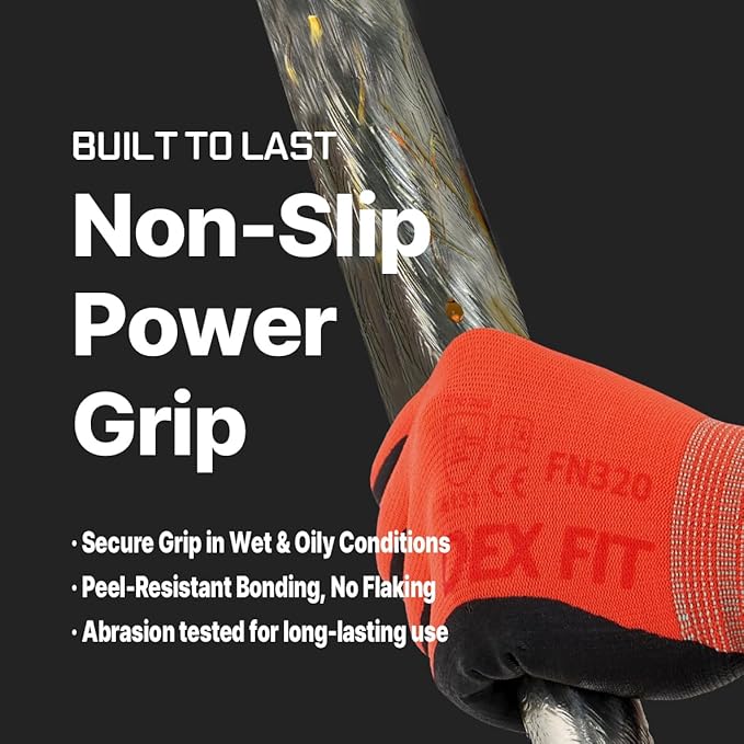DEX FIT Nylon Work Gloves FN320, 3D Comfort Fit, Power Grip, Lightweight & Breathable, Touchscreen, Gardening, Yard Work, Warehouse, Delivery Driver Gloves; Red 8 (M) 3 Pairs