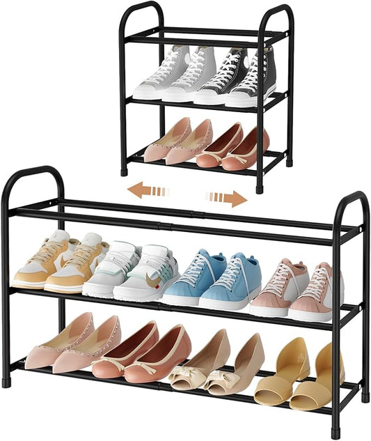 Expandable Shoe Rack for Closet, 18"-32" Metal Shoe Rack for Entryway 3-Tier Adjustable Width Free Standing Shoe Shelf 12 Pairs Small Shoe Organizer for Front Door Garage Bedroom Dorm, Black