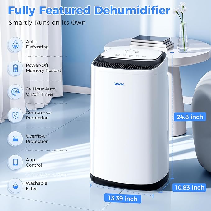 5000 Sq.Ft Dehumidifier for Basements 100 Pints, with 2.15 Gallons Water Tank with Darin House and App Control, Smart Compressor Quiet Operation Ideal for Living room, Bathrooms,Home