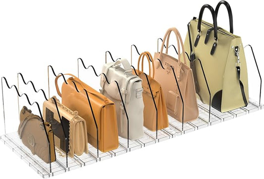 purse organizer for closet Sleek Transparent Acrylic Adjustable Organizer -shelf dividers Multifunctional for Home & Office Spaces (8 Baffles + 1 Hat Stand (Clear, 8+2)