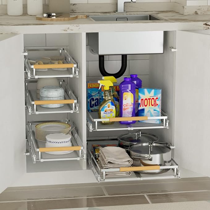 SANNO Pot Lid Organizer Pot Lid holder, Pots and Pans Organizer Drawer Plate Organizer Expandable Pull Out Cabinet Organizer Kitchen Sliding Shelf Under Sink Shelf