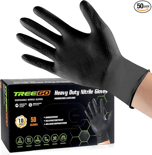 TREEGO Black Nitrile Gloves 10 Mil Heavy Duty Rubber Gloves - Raised Diamond Texture Grip for Mechanics & Industrial Work - Latex Free Disposable Gloves in Medium, 50 Count