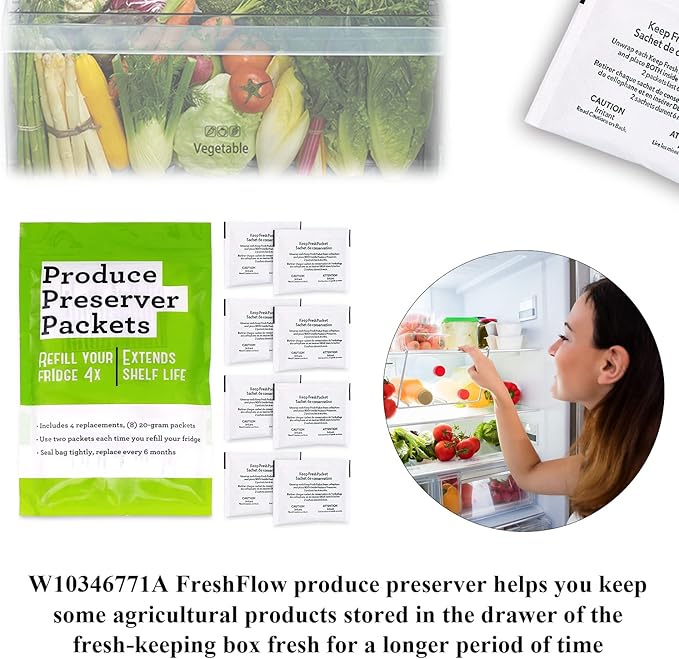 W10346771A Fresh Flow Produce Preserver Keep Fresh Packet Refill Compatible with Whirlpool Refrigerator Replaces Part # P1FB6S1 & P1KL6S1CS (8 Pouches - 4 Pack)