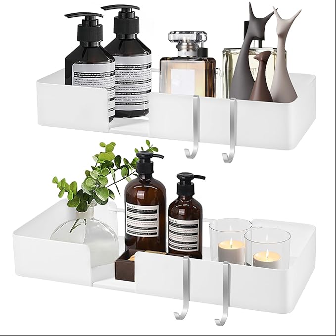 ABCOOL Shower Caddy Floating Bathroom Shelves - Set of 2, No Drill Wall Mounted Adhesive Hanging Shelves with Hooks Decorative Storage Shelves for Kitchen Living Room Bedroom