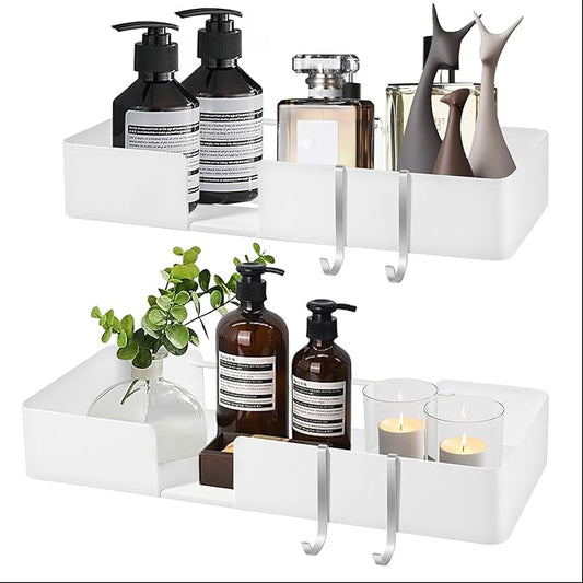 ABCOOL Shower Caddy Floating Bathroom Shelves - Set of 2, No Drill Wall Mounted Adhesive Hanging Shelves with Hooks Decorative Storage Shelves for Kitchen Living Room Bedroom