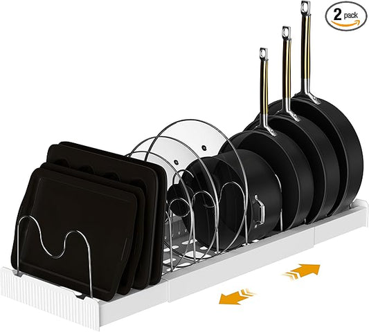 2 Pack Pots and Pans Organizer Racks Inside Cabinet, Expandable Pot & Food Container Lids Holder, Include 20 Stainless Steel Racks & White Plastic Base, Perfect for Kitchen & Countertop