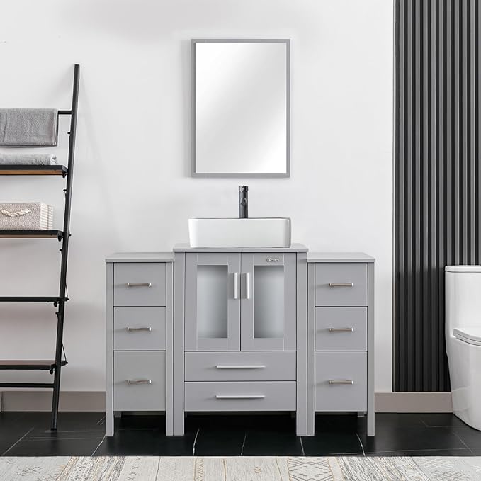 eclife 48" Modern Bathroom Vanity Sink Combo Freestanding Cabinet with Small Side Cabinet, White Black Ceramic Vessel Sink, Water Save Faucet, Drain (Gray+T03BK)