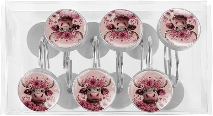Highland Cows and Florals Rust Proof Shower Curtain Hooks 12Pcs for Bathroom Shower Rod, Decorative Shower Hooks Shower Curtain Hanger Rings Roller, Glass, Resin, Stainless Steel