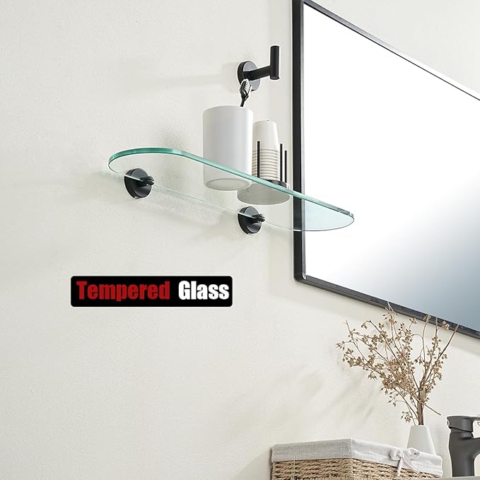 JQK Bathroom Glass Shelf Black, Tempered Glass Shower Storage 20 by 5 inches, 304 Stainless Steel Matte Black Wall Mount 2 Pack 2 Pack, TGS121L20-PB-P2