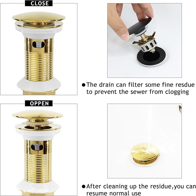 Bathroom Sink Drain, 4 Pack Gold Drain Stopper with Overflow,Pop Up Drain Assembly Without Detachable Strainer Basket,Built-in Anti-Clogging Strainer,Stainless Steel