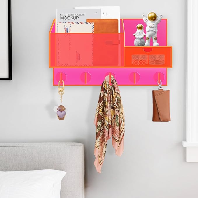 Acrylic Key Holder Wall Mount Mail Organizer for Wall with Shelf Storage Drawer and 5 Hooks, Neon Pink