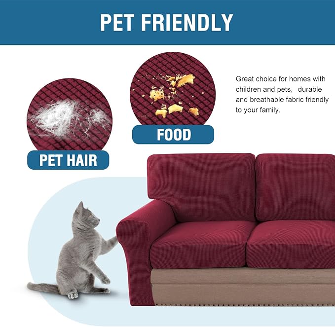 H.VERSAILTEX Multi-Pieces Sofa Covers Stretch Couch Covers Form Fitted Seats and Back Cushions Covers (3 Seat Covers Plus 3 Back Cusion Covers, Bonus 2 Armrest Covers), Burgundy