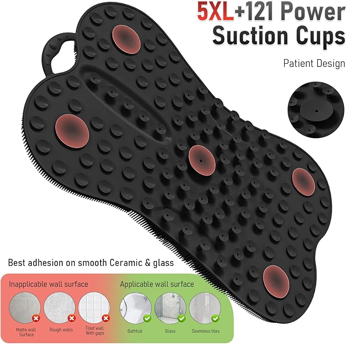 Back Scrubber Shower Bathtub Tub Body Bath Cushion Back Lumbar Support - Silicone Ergonomic Extra Large Thick Soft Seat Paded Non-Slip Suction Cups Relaxing Spa Exfloating Scrubber Mat Black