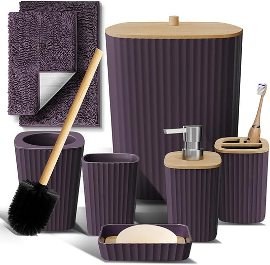 Clara Clark Bathroom Set - Purple Bathroom Accessories Set, 6PC Bathroom Accessory Set, Bathroom Sets with Bathroom Rugs, Toilet Brush, Trash Can & Soap Dispenser