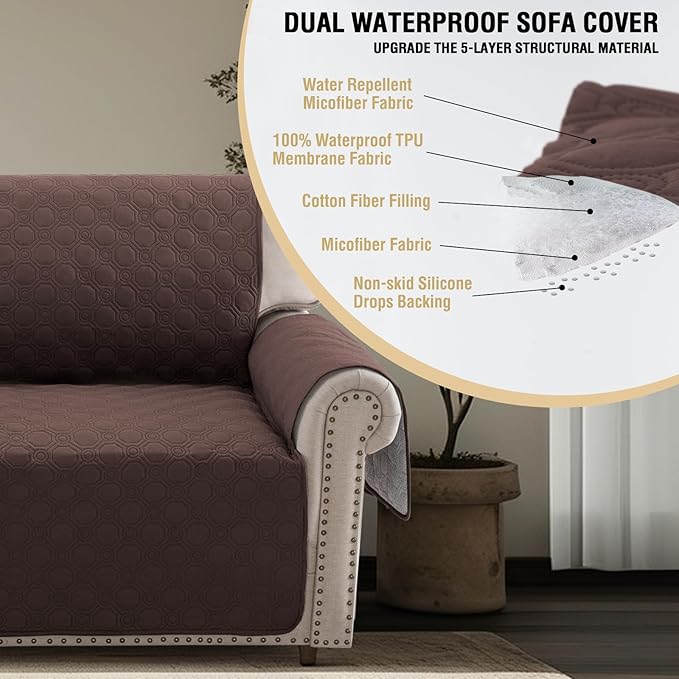 PrinceDeco Chair Cover 100% Water Proof Sofa Cover Non-Slip Brown Couch Cover with Elastic Straps Furniture Protector, Washable Armchair Cover for Pets Kids Dog Cat- Chair 23"