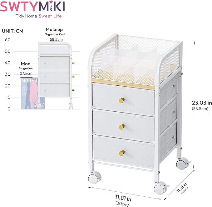 SWTYMIKI Rolling Makeup Organizer Cart - Floor Skincare Make Up Storage with 3 Non-woven Drawers, Vanity Organizer Cosmetic Display Cases Cabinet for Skin Care Perfume Nail Polish Brush Hair Tool