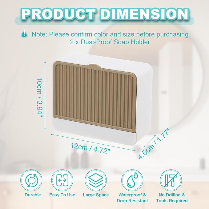 uxcell 2 Pack Dust-Proof Soap Holder, Wall Mounted Soap Dish for Shower Wall No-Drill Adhesive Shower Bar Soap Holder for Bathroom(Khaki, 4.72 x 3.94 Inches)