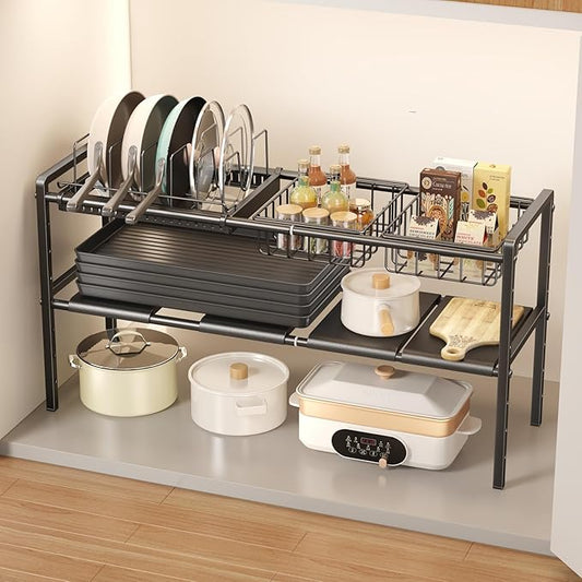 Pots and Pans Organizer Under Cabinet, Expandable 2 Tier Under Sink Organizers Storage Adjustable Height Kitchen Pot and Pan Lid Holder Rack with 6 Dividers(4panels,2baskets,1 Pot rack,Black)