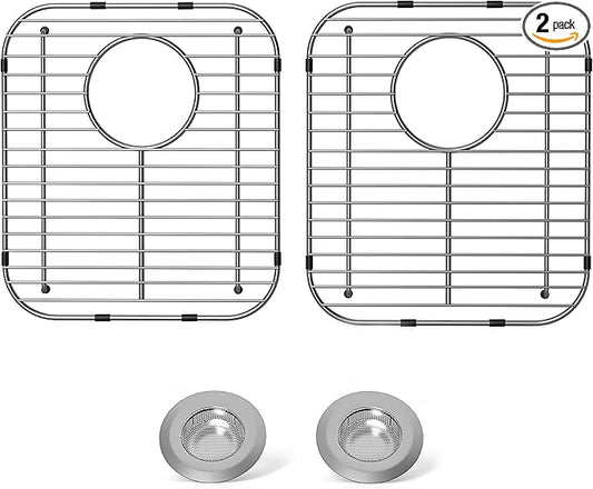 4Pack Stainless Steel Sink Protectors for Kitchen Sink, 13.1"x11.6"x1" Sink Grid Universal with Rear Drain, Rust-Resistant Metal Sink Rack for Bottom of Sink with Sink Strainers (Rear Drain/Set 2)