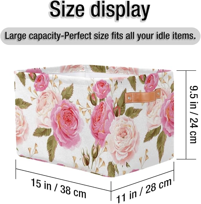 Pardick 2Pack Floral Flower Rose Large Collapsible Storage Bins,Pink Roses Decorative Canvas Fabric Storage Boxes Organizer with Handles，Rectangular Shelves Baskets Box for Home Office Nursery Closet