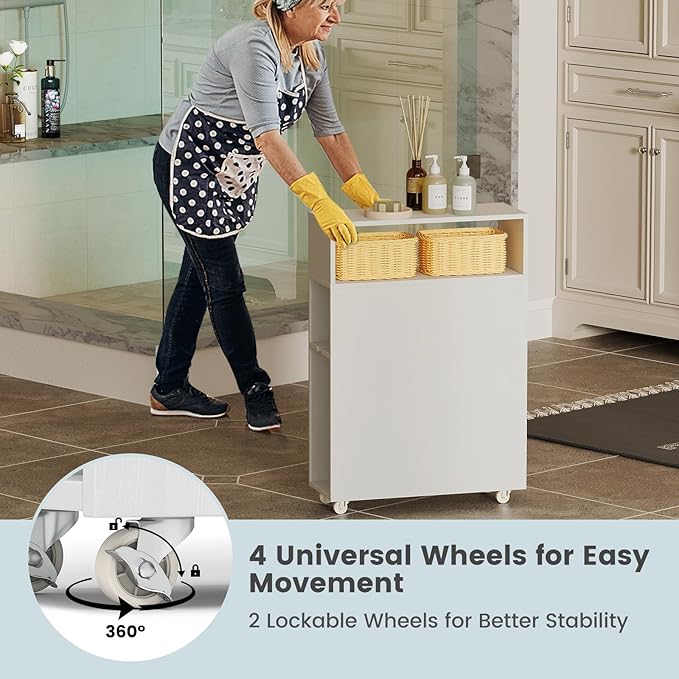 HOMGX Slim Bathroom Storage Cabinet, Narrow Floor Bathroom Organizer with Universal Wheels, Freestanding Side Toilet Storage with 2 Drawers, Rolling Bathroom Space Saver for Corner Small Spaces, White