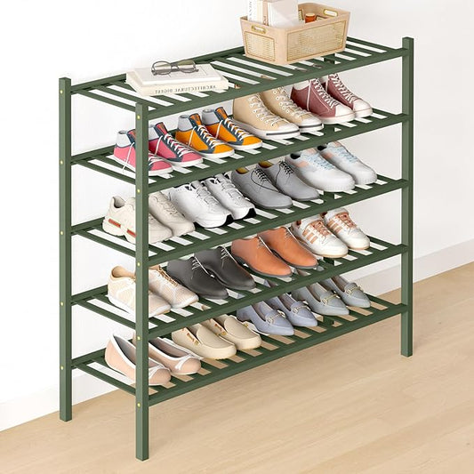 Smiry Bamboo Shoe Rack for Closet, 5 Tier Long Wooden Stackable Shoe Organizer, Free Standing Shoes Storage Shelf for Entryway, Front Door Entrance, Green