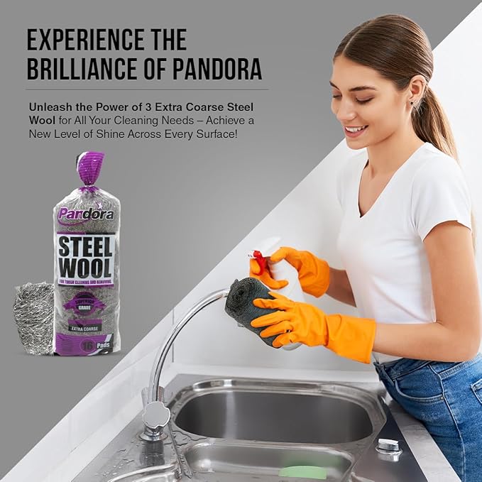 Pandora Steel Wool #3 – Extra Coarse Grade, 48 Pads for Tough Cleaning and Removing - Metal Strands - Ideal to Remove Rust, Grime, and Stubborn Stains