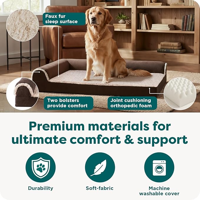 FurHaven Orthopedic Dog Bed for Large Dogs, L-Shaped Chaise Contour Mattress with Egg Crate Orthopedic Memory Foam for Joint Support, Removable Washable Cover, Jumbo/XL, Faux Fur & Suede, Espresso