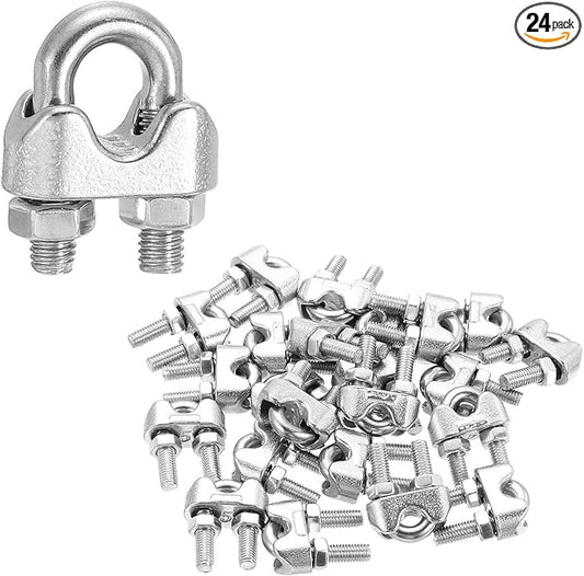 MECCANIXITY 24Pcs Wire Rope Cable Clip Clamps 3/16 Inch M5 Small 304 Stainless Steel U Bolt Saddle Fasteners Hardware for Secure Rigging Marine Guy Line Fence Clothesline, Silver