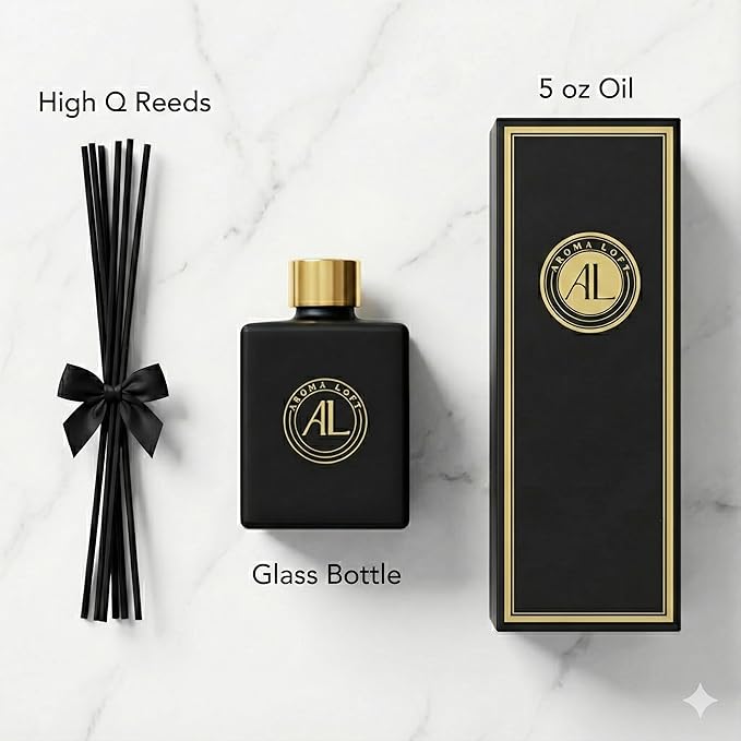 Reed Diffuser - Fragrance Diffuser for Home - 5 oz. Oil Diffuser Sticks - Bathroom Diffuser Set- Oil Diffuser Reeds - Scent Sticks in Oil-Office Smell Good Stuff (Black, Rustic Amber)