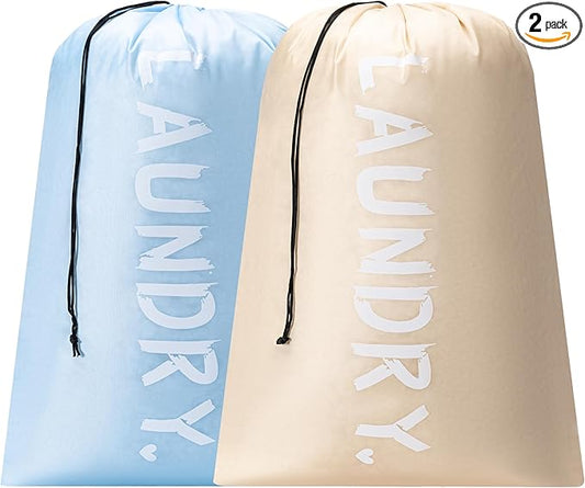 2 Pack XL Travel Laundry Bag, Machine Washable Dirty Clothes Organizer with Drawstring,Large Enough to Hold 4 Loads of Laundry, Easy Fit a Laundry Hamper or Basket Travel Essentials 24" x 36"