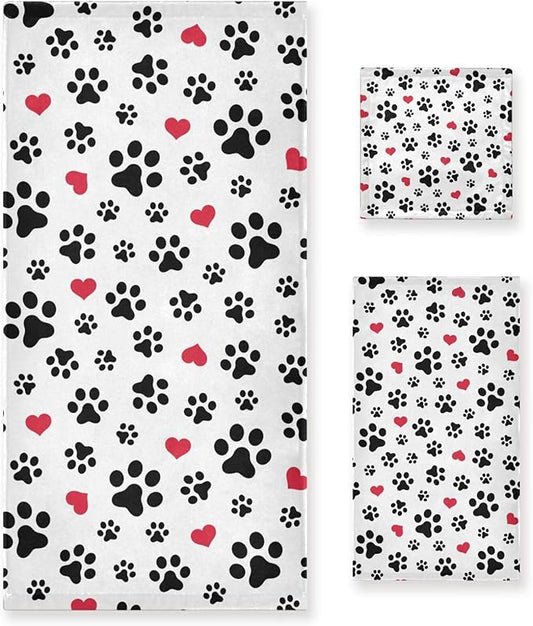 3 Piece Black White Dog Paw Print Bath Towel Set,Microfiber Decorative Puppy Pet Footprint Red Love Hearts Bathroom Towels,1 Bath Towel 1 Hand Towel for Bathroom Kitchen,1 Washcloth for Face