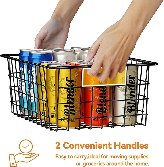 Extra Large Wire Baskets 6 Pack, Sturdy Metal Basket Storage Bin with Handle, Pantry Organization for Kitchen Cabinet, Black