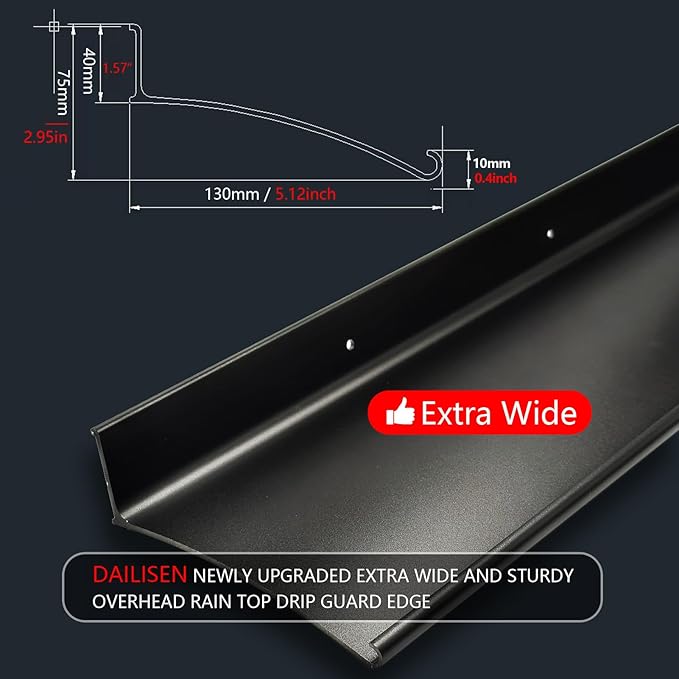 Heavy-Duty 5.12" W 43.3" L Door Rain Drip Guard Overhead,Aluminum Drip Cap for Exterior Doors Window Top,Rain Drip Edge Flashing,Water Deflector,Rain Diverter,Anodized Black 1PCS