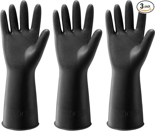 ThxToms 3 Pairs Dishwashing Gloves, Reusable Latex Cleaning Gloves for Housework Kitchen Bathroom, Durable Flexible & Anti-slip, Smooth Lining, Easy On & Off, Medium, Black
