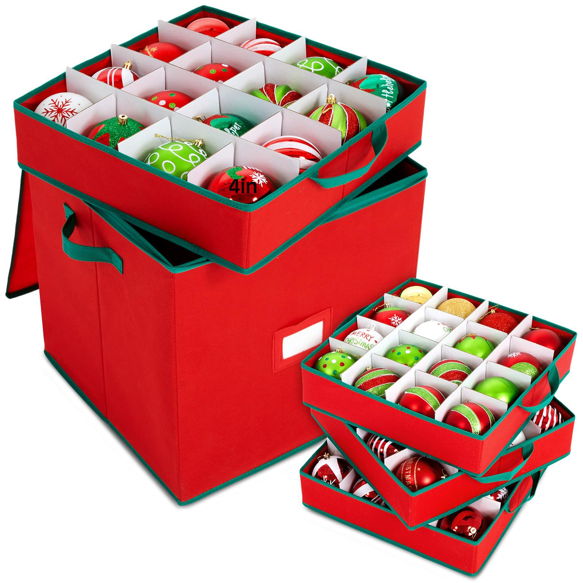 Christmas Ornament Storage Box, Red, 4in, 64pcs - Image 1