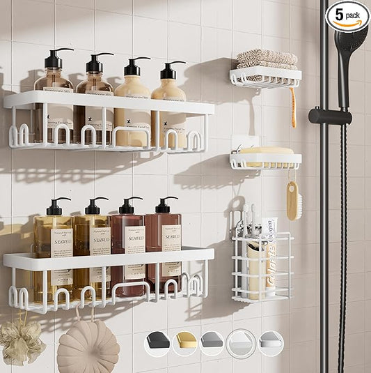 5-Piece Drill-Free Shower Caddy Set - Heavy Duty Adhesive Bathroom Organizer with Soap & Toothbrush Holders
