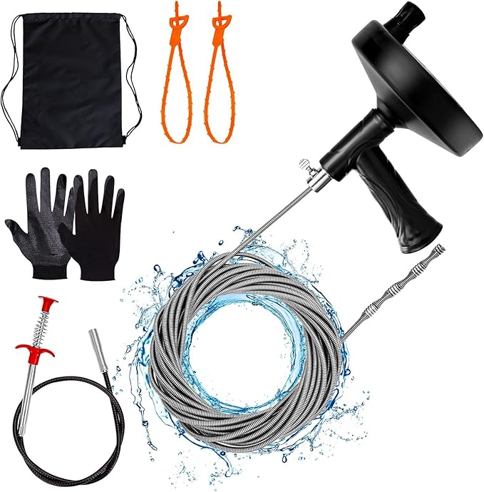 Drain Auger 33 ft, Plumbing Snake Hair Clog Remover Drain Snake Flexible Grabber Heavy Duty Sink Cleaner Tools for Shower Bathtub Bathroom Kitchen Pipe, Black