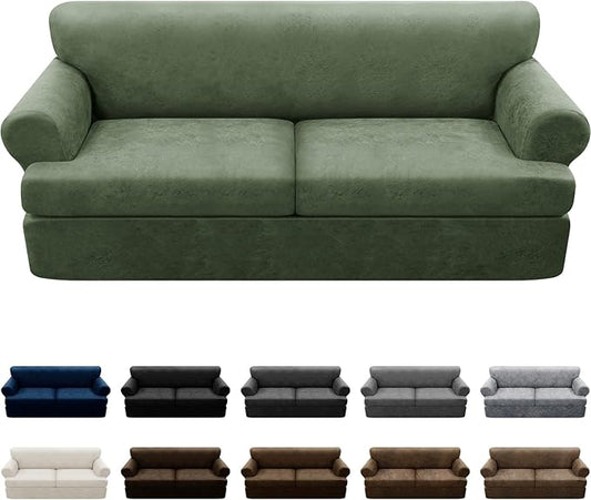 3-Pieces T Cushion Sofa Slipcovers Leather Look Couch Cover for 2 Cushion Couch Furniture Protector Stretch Sofa Cover with 2 Individual T Cushion Seat Covers Washable, Army Green