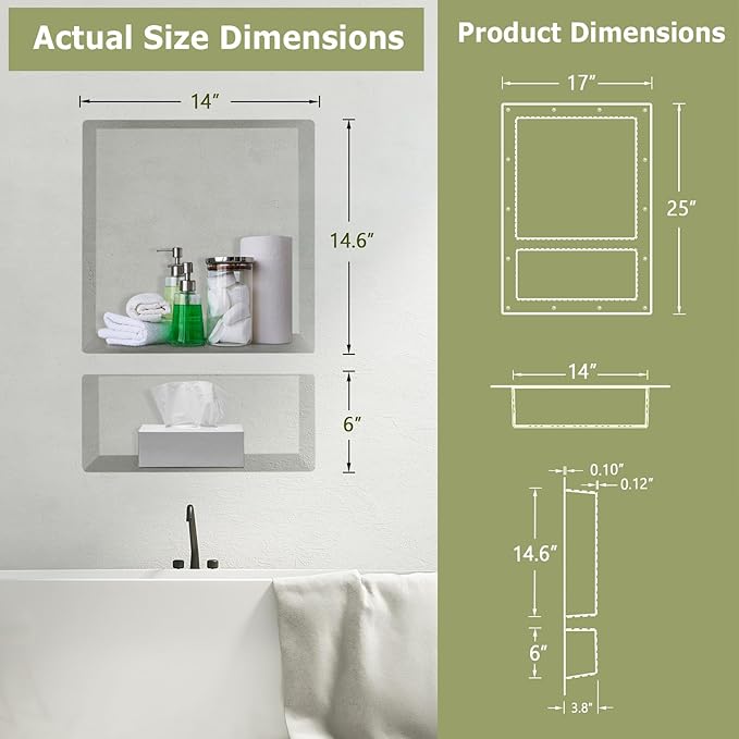 Suteck Shower Niche, 25" x 17" 3.8" Outer Size, Actual Size 14" + 16.5"(Big Grid) 14"+ 6" (Small Grid) Tile Ready Recessed Shower Shelf Bathroom Niche Box for Organization