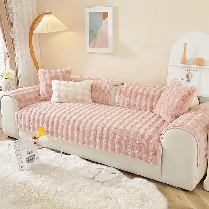 Soft Warm Faux Fur Couch Sofa Cover Thick Shaggy Fuzzy Sectional Couch Cover Non-Slip Solid Color Plush Sofa Slipcover Furniture Protector for Kids, Pets (Pink,28"x82")