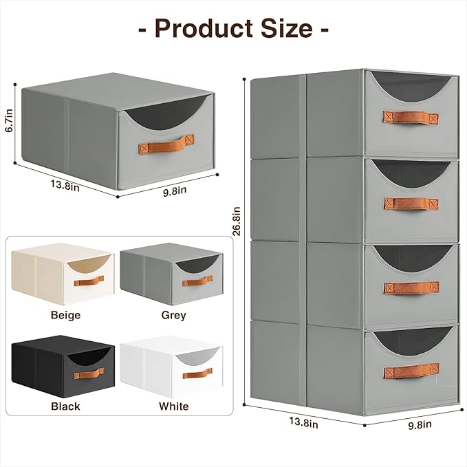 Stackable Storage Drawers - Collapsible Storage Bins with Drawers, 8 Pack Closet Shelf Organizer Basket, Fabric Pull Out Organizer for Bedroom, Living Room, Dorm, Grey