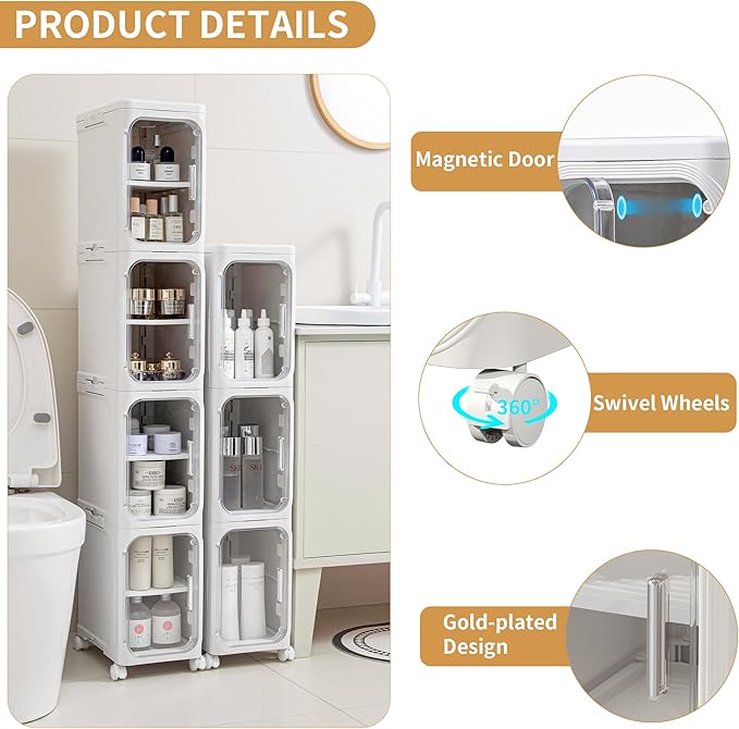 5-Tier Plastic Tall Narrow Storage Cabinet with Adjustable Shelves and Movable Wheels, Magnetic Doors, Slim Bathroom Storage Organizers for Small Space, Bathroom, Kitchen, White