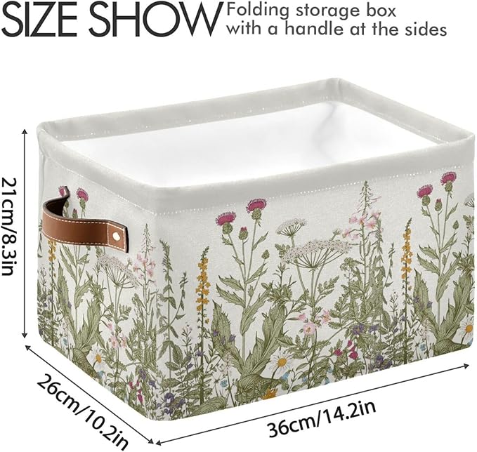 Herbs Storage Basket Bin for Shelves Closet Botanical Foldable Fabric Storage Box Cube with Handles Kids Gifts Toys Cloth Shelf Basket Organizer for Bedroom Nursery Home Decorative