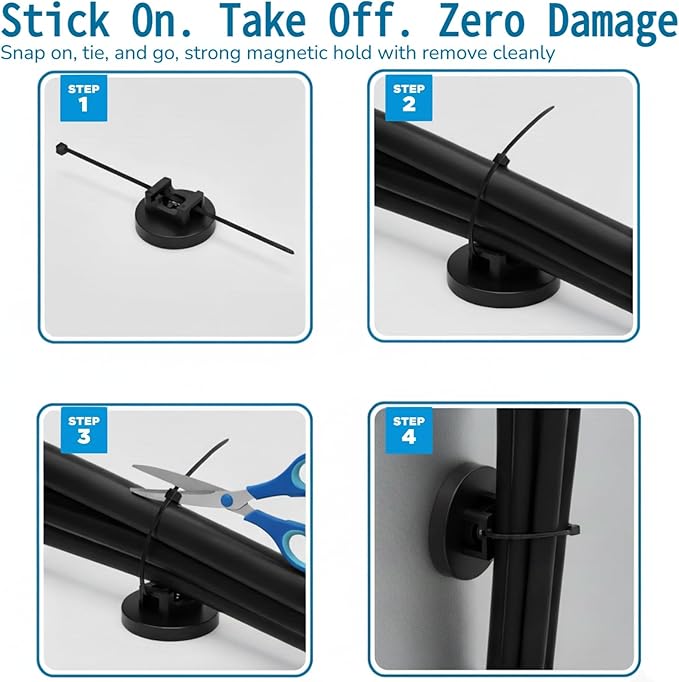 Magnetic Zip Tie Mount Set, 25 Magnetic Cable Tie Mounts with 200 Cable Ties, Strong Wire Management Cables Holder, Multipurpose Electrical Cord Management Cord Holders Organizer (43mm)