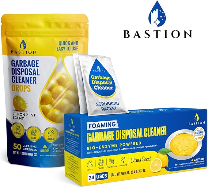 Garbage Disposal Cleaner & Deodorizer Bundle. 1 X 50 Count Pack of Bastion Disposer Balls + 1 X 24-Count Box of Enzyme Enhanced Deep-Cleaning Foaming Disposal Scrubbing Packets.